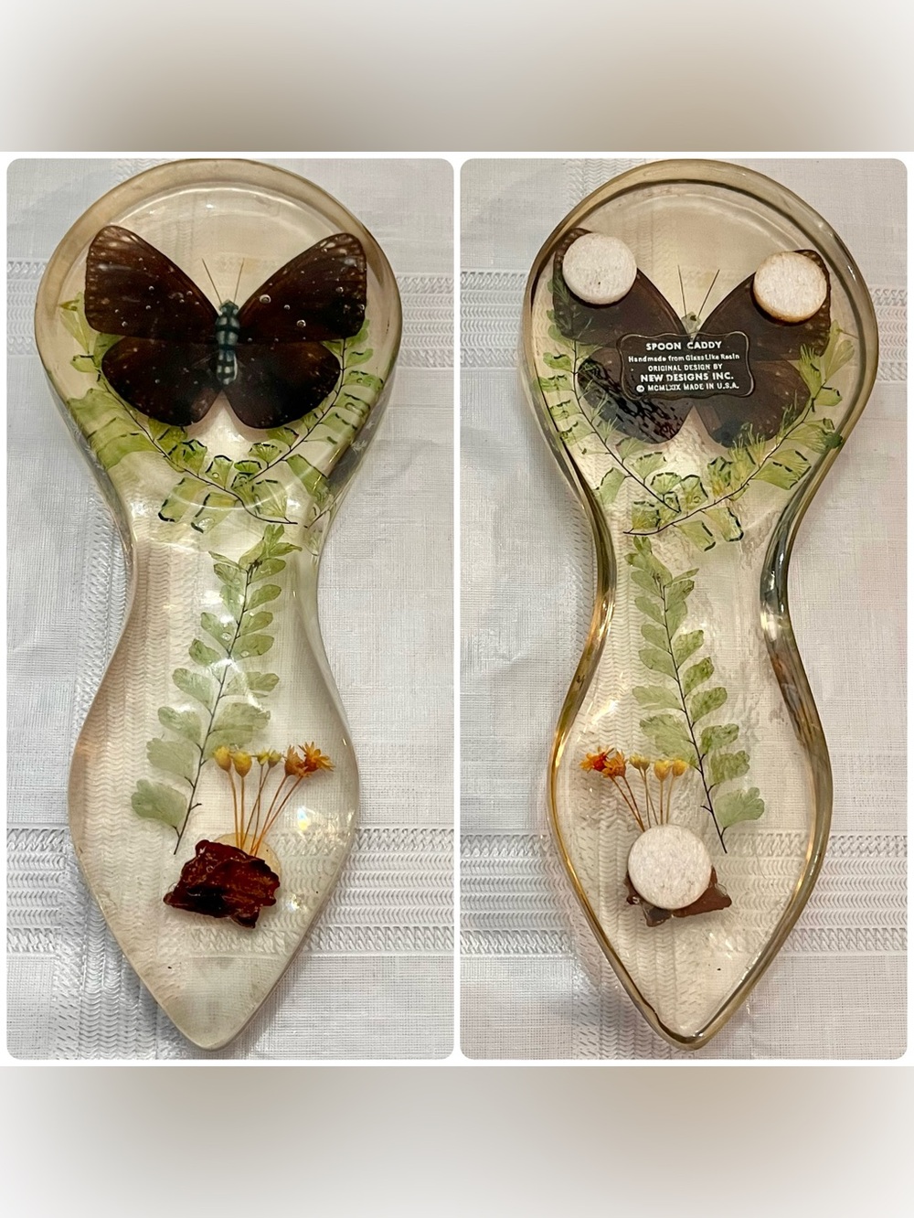 Vintage Lucite Acrylic Spoon Rest Butterfly Wildflowers MCM Boho Cottagecore